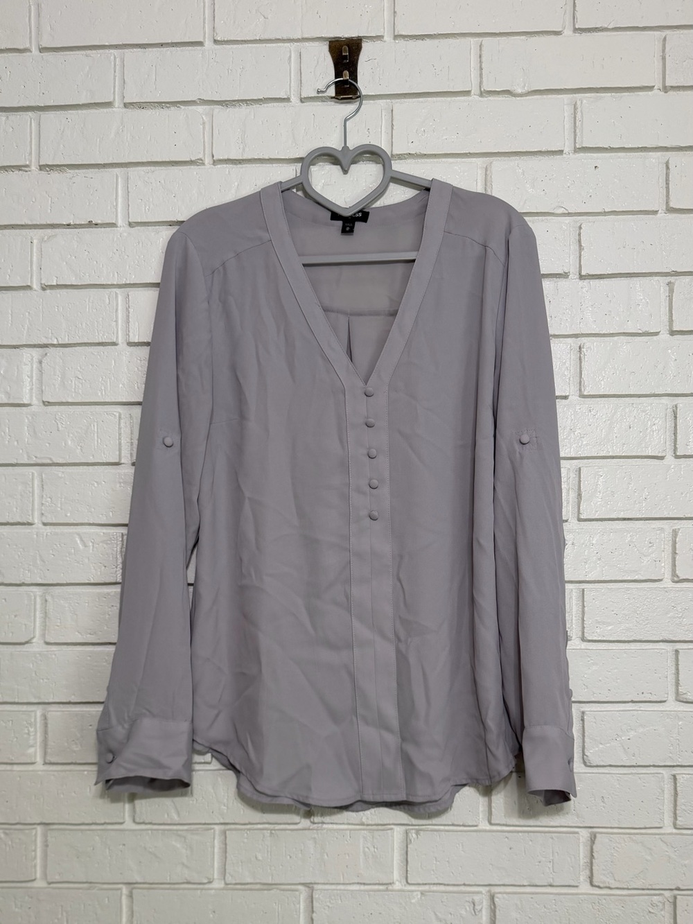 Express Gray V-Neck Button Front Blouse Roll Tab Sleeves Women’s Medium